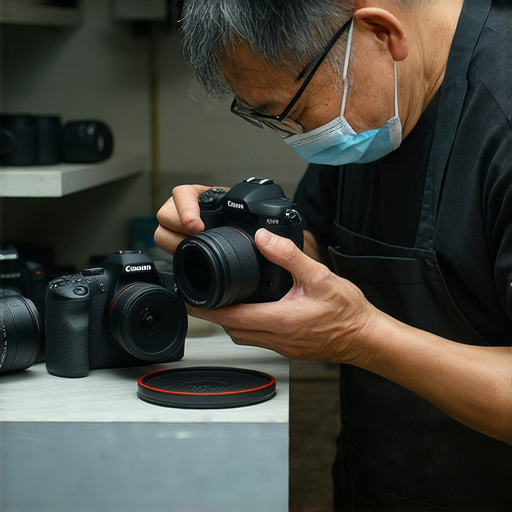 深水埗相機維修工作坊的專家正在仔細檢查相機，展示維修技巧與專業設備，促進相機重獲新生的課程，適合旺角攝影愛好者參加。