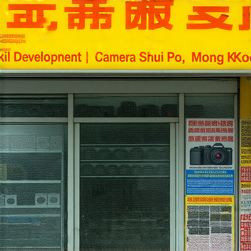 深水埗旺角相機維修店外觀，顯示專業相機維修服務，背景有課程宣傳海報，吸引愛好攝影者的注意，提供維修及學習攝影技巧的全攻略。