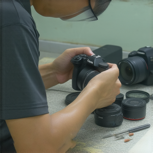 深水埗和旺角的專業相機維修服務，展示數碼相機維修過程，技師專注於修理細節，確保每台相機能重生，為攝影愛好者提供高效可靠的維修方案。