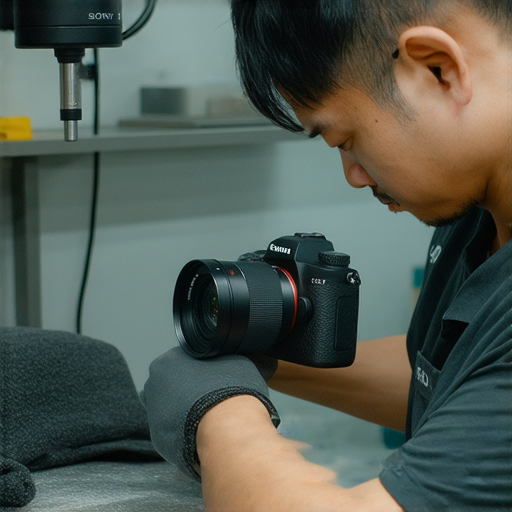 深水埗與旺角相機維修中心的技師專注維修SONY與CANON相機，展示專業工具與維修過程，提升相機性能的秘訣，背景為維修中心的設備與環境。
