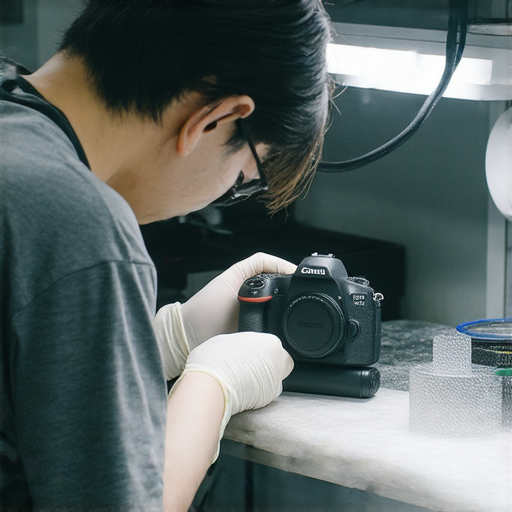 專業相機維修技術人員在深水埗或旺角提供全方位服務，檢查和修理相機設備，展示維修工具和過程，幫助客戶解決相機問題，提升拍攝體驗。