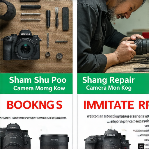 深水埗和旺角專業相機維修服務的廣告圖片，展示攝影器材修復工具與技術人員，吸引客戶立即預約，恢復拍攝樂趣，解決相機故障問題。