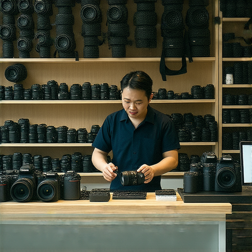 深水埗與旺角的專業相機維修店內景，技術人員專注於數碼相機維修服務，展示維修工具與設備，提供優質維修體驗，吸引攝影愛好者維修器材。