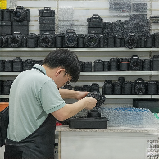 深水埗到旺角的相機維修店面，專業技術人員正在進行相機檢修，展示各種相機配件，吸引攝影愛好者前來探索維修服務。