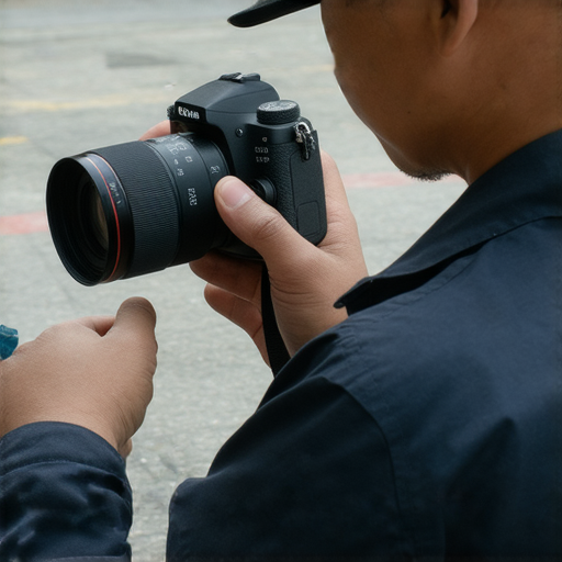 專業相機維修師在深水埗檢查數碼相機，背景顯示旺角的繁華街道，展示相機維修服務的品質和專業水平，為數碼相機重生提供保障。