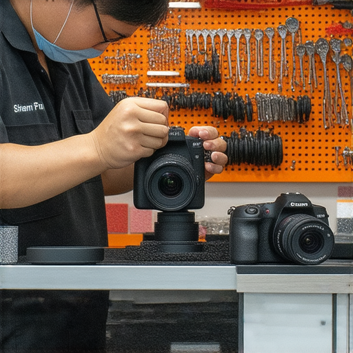 深水埗與旺角的相機維修店內部，技術人員專注修理數碼相機，展示專業修理技巧，為相機重拾光彩，背景有各種維修工具與零件。