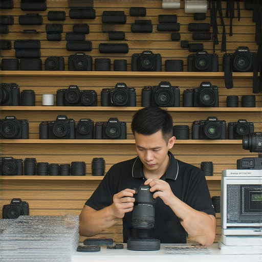 深水埗專業相機維修店內景，技術人員專注修理相機，工具整齊放置，展現高品質維修服務，讓攝影愛好者的夢想再度點燃，探訪專業技術的必備之地。