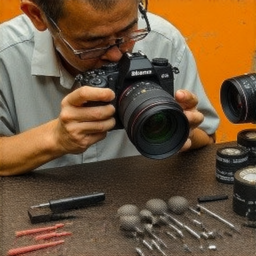 深水埗與旺角的相機維修專家正在檢查數碼相機，專業技術讓相機恢復光彩，為攝影愛好者提供優質服務，重拾拍攝樂趣和藝術創作。