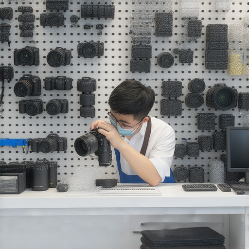 探索深水埗與旺角的相機維修專業服務，展示技術人員在細緻檢查相機，專業工具與零件齊全，提供客戶快速維修解決方案的情境。