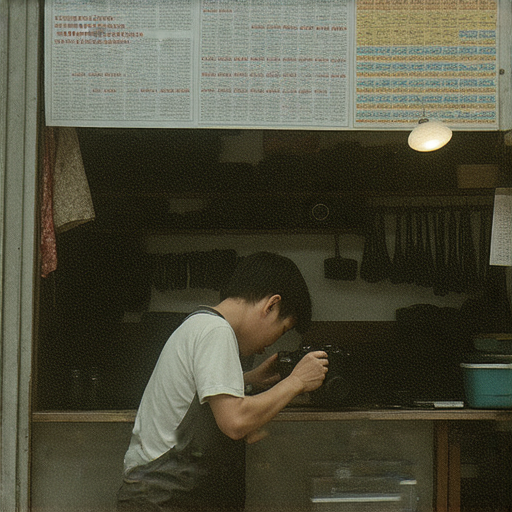 深水埗和旺角相機維修店內景，專業技師正在檢查相機故障，顯示維修設備與工具，背景有維修課程海報，探索相機修復秘密的氛圍。
