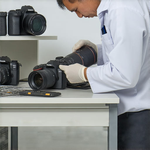 專業相機維修服務的技師正在深水埗檢查相機，旁邊擺放著各種維修工具，整體環境乾淨整齊，為旺角地區提供全城推薦的相機維修選擇。