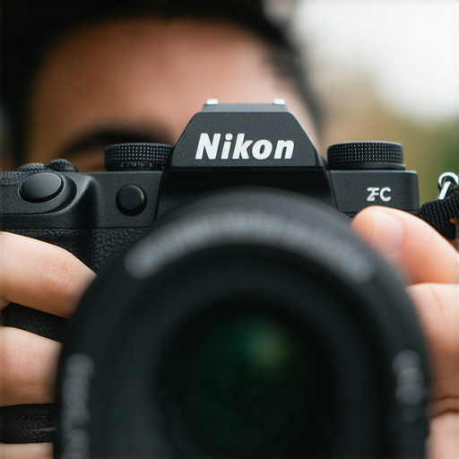 Nikon Z fc相機特寫，展示其經典設計及專業功能，背景中可見攝影師運用此相機創作，彰顯Nikon Z fc的無限潛力與專業服務的價值。