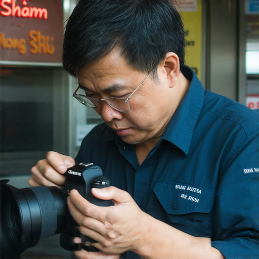 相機故障維修服務的專業技術人員在深水埗提供維修，背景展示旺角的店面，適合需要一站式專業維修服務的攝影愛好者，讓你輕鬆解決相機問題。