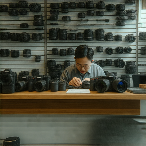 深水埗相機維修店內部，技術專家專注於相機檢修，展示專業服務和工具，讓顧客探索多元化的維修選擇與保障。