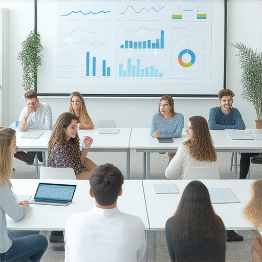 提升職場競爭力的商業英語課程介紹，展示學生參與課堂互動、學習商務英語的場景，背景包含專業教材和商務簡報，強調職場英語能力的重要性。