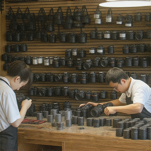 香港相機維修店的室內景觀，展示深水埗和旺角的專業維修服務，技術人員專注檢修相機設備，吸引愛好者前來尋求專業幫助。
