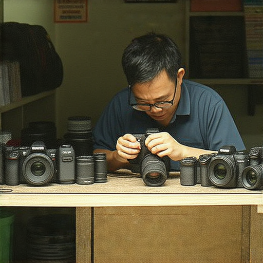 深水埗與旺角的相機維修專業服務展示，技術人員專注檢修相機，讓你的相機重現光彩，提供優質維修方案，吸引攝影愛好者前來了解。