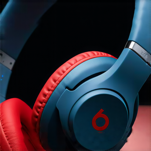 震撼音質的Beats耳機特寫，展示耳機的精緻設計與顏色，強調其隱藏特點和卓越音效，吸引耳朵的注意，提升音樂體驗。
