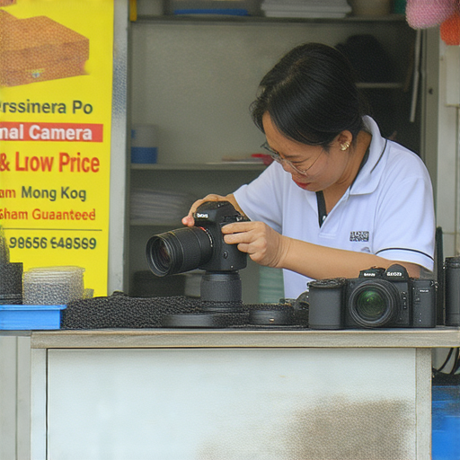 深水埗與旺角專業相機維修服務，展示技師細心維修相機的瞬間，提供低價保證，吸引顧客了解最佳選擇，維修工具與設備清晰可見。