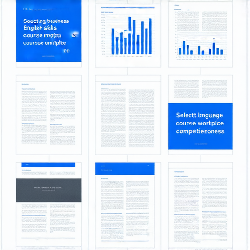 提升職場競爭力的商業英語課程選擇指南，畫面展示各種商務英語課程資料與學習資源，幫助學生選擇合適的課程以提高語言技能與職場能力。