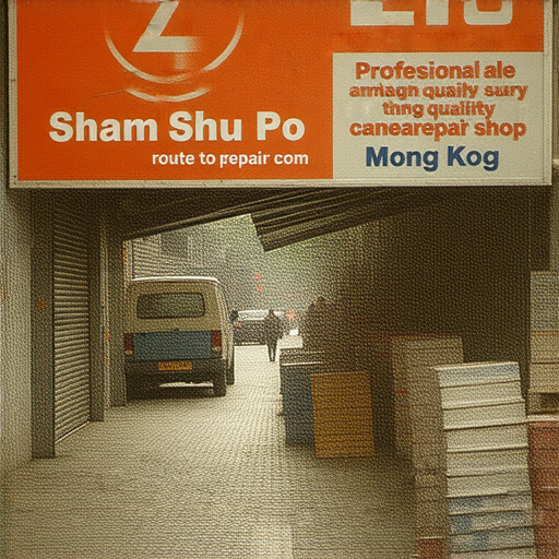 深水埗街道景象，展示到旺角的路線，背景中可見專業相機維修店招牌，吸引攝影愛好者，提供高品質的相機維修服務，等候顧客光臨探索。