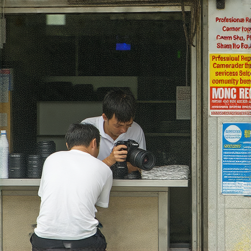 深水埗與旺角專業相機維修店外景，技術人員專注處理相機，顧客交流攝影技巧，展現攝影愛好者的新天地，吸引尋求維修和升級服務的攝影玩家。