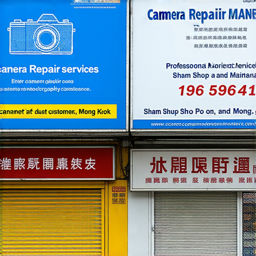 專業相機維修服務推薦圖，顯示深水埗與旺角地區的維修店外觀，海報展示相機維修和保養服務，吸引顧客進入，適合攝影愛好者尋找專業維修方案。