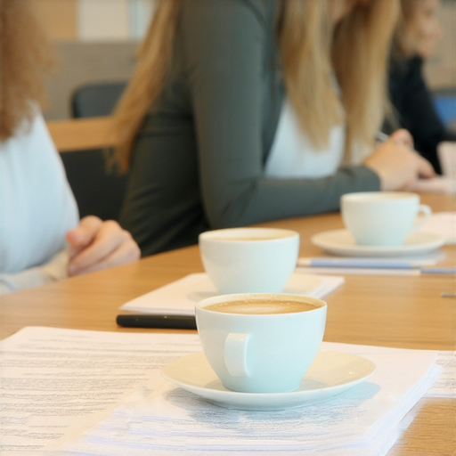 提升職場競爭力的商業英語課程與商務英語課程選擇，展示學員在教室中學習英語，教材與講義清晰可見，法式咖啡為學習帶來愉悅氛圍，強調實用商用英語技能。