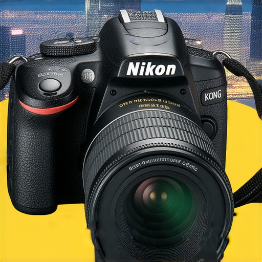 Nikon相機展示，呈現實體產品顏色與細節，背景為香港城市天際線，強調水貨價格和專業保養服務的主題，吸引潛在買家探索心儀的相機選擇。