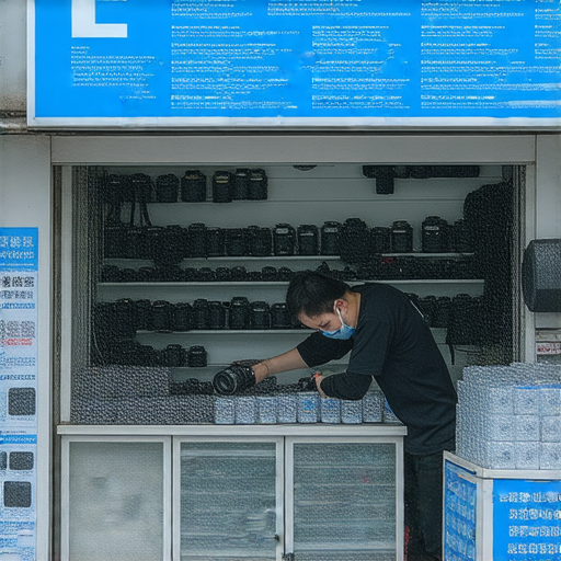 深水埗與旺角的專業相機維修店外觀，展示技術人員在維修數碼相機，吸引顧客前來尋找最佳服務，讓相機重現光彩。
