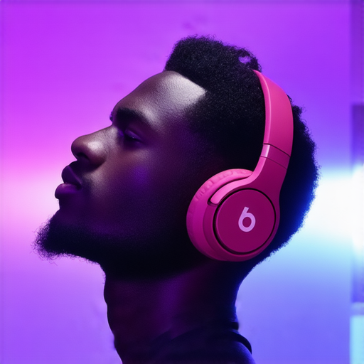 探索Beats耳機的音質魅力，展示耳機細節與佩戴舒適度，背景音樂氛圍，強調音效和時尚設計，呈現使用者享受音樂的愉悅體驗。