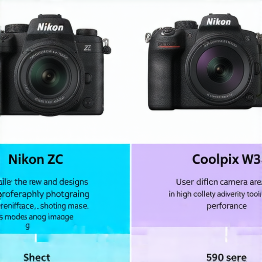 尼康Z FC與Coolpix W300相機系列的全新功能與特點對比圖，展示相機設計、操作介面、拍攝模式及性能，突顯尼康相機在影像領域的創新及多樣性。