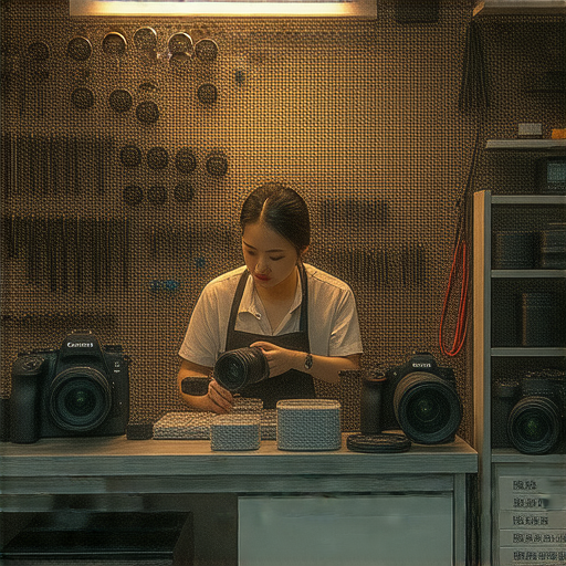 深水埗與旺角的相機維修店內部環境，展示專業維修設備與技術，維修師傅專注於相機維修過程，隱藏的專業服務吸引攝影愛好者，加強攝影器材的保養和維修知識。