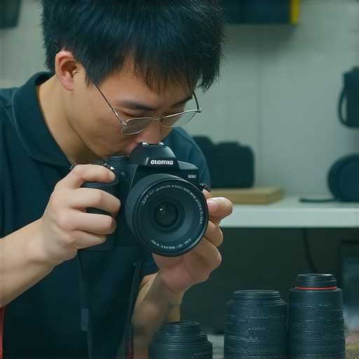 深水埗和旺角的相機維修專家正在分享數碼相機修復技巧，手中持有工具，專注地檢查相機，周圍環境展示維修設備和零件，為愛好者提供上佳的維修建議。