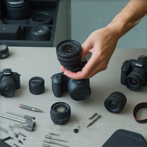 深水埗與旺角的相機維修專業服務，技術人員正在檢查相機部件，展示最新維修秘訣，解決相機問題，提供高質量維修方案，吸引攝影愛好者。