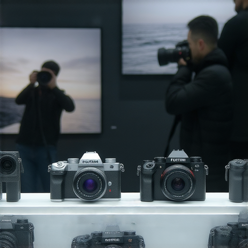 Fujifilm相機陳列在專業攝影展上，展示多款2024最佳相機，背景有攝影師工作情景，強調專業服務及拍攝效果，吸引攝影愛好者探索與選擇。