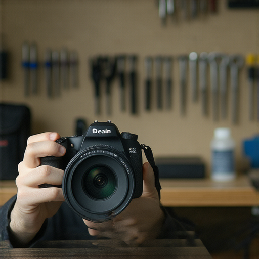 深水埗相機維修專業技術人員正在檢查數碼相機，背景為維修工作台，展示各種維修工具與設備，揭示香港最佳相機維修服務。