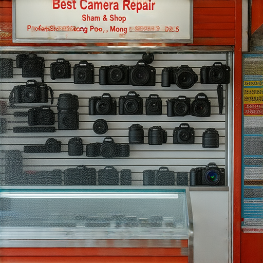 深水埗和旺角最佳相機維修店的招牌，顯示專業相機維修服務，吸引顧客進入。店內擺放各種數碼相機及維修工具，彰顯技術專業性。