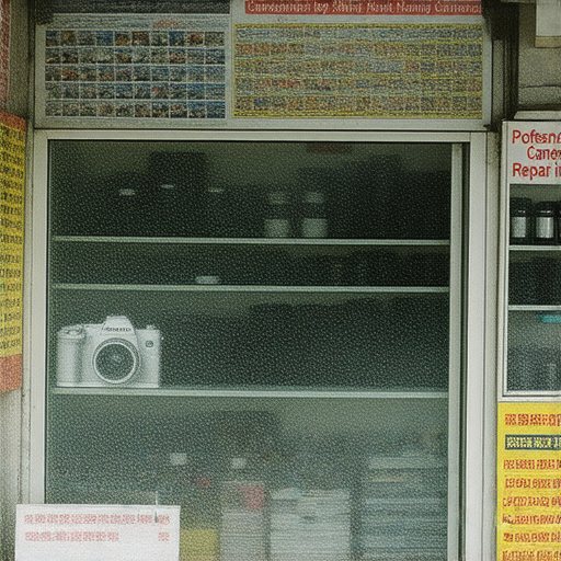 深水埗與旺角專業相機維修店的商店外觀，展示各種相機配件和工具，吸引攝影愛好者探索隱藏的寶藏，提供優質維修服務和專業建議。