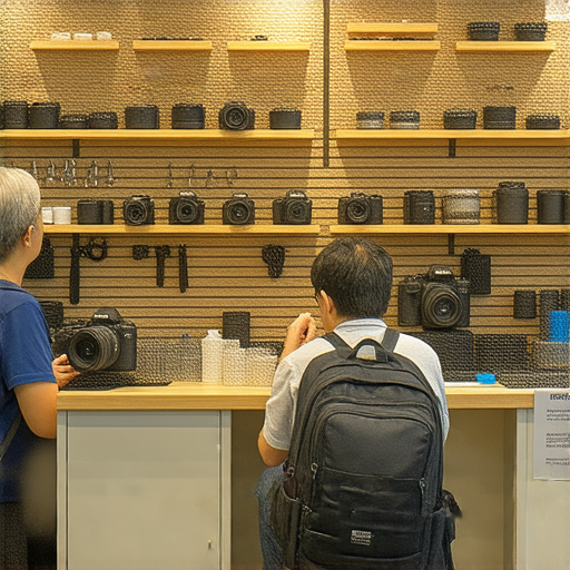 深水埗至旺角的相機維修店內部展示，提供全方位服務與課程介紹，專業技術人員正在進行相機維修，顧客參與相機保養課程，展現維修與學習的氛圍。