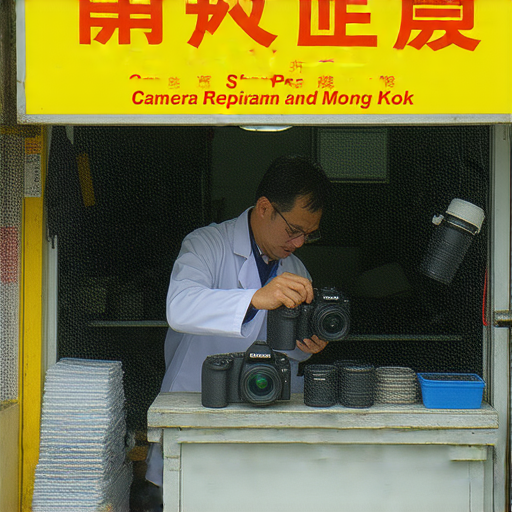 深水埗和旺角的相機維修店門面，專業技術人員正在檢查相機，提供高品質維修服務，幫助攝影愛好者重獲拍攝樂趣，解決各種相機問題。