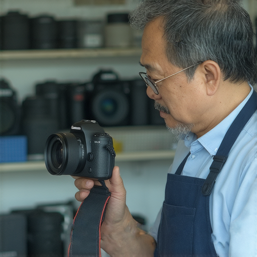 深水埗及旺角相機維修店的專業維修師傅正在檢查相機，展示維修流程，為攝影愛好者提供優質保障，協助重拾相機光彩，提升拍攝體驗。