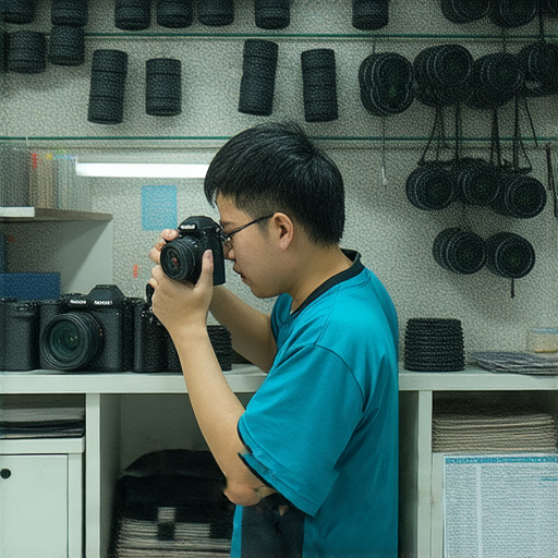 深水埗旺角數碼相機維修店內景，維修師傅專注修理相機，提供維修技術課程，幫助學員輕鬆掌握維修技巧，提升相機維修能力。