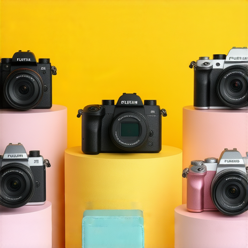 Fujifilm相機展示多款機型，色彩鮮豔、設計獨特，展現攝影的魅力，讓你輕鬆捕捉每個驚喜瞬間，助你找到完美相機選擇。