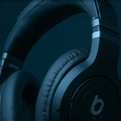 Beats耳機特寫，顯示品牌標誌和設計細節，專業音樂人使用耳機的場景，彰顯其音質和舒適度，揭開為何音樂人愛不釋手的秘密，了解專業服務。