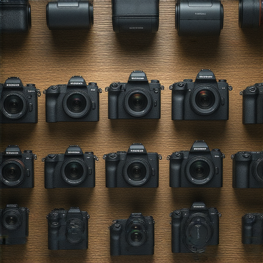 Fujifilm 相機展示在桌面上，各款型號整齊排列，明亮的燈光映襯出相機的細緻工藝，攝影器材專業設計，讓您立即探索提升攝影技藝的最佳選擇。