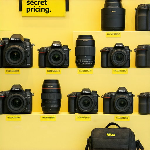 香港Nikon相機展示，突出不同鏡頭選擇及專業保養服務，強調價格秘密，意在吸引攝影愛好者了解最新優惠及技術支持。