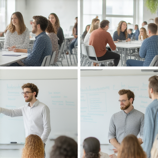 提升商業英語能力的課程介紹圖片，展示學員在課堂上積極互動，專業老師指導商務英語溝通技巧，強調實用性和高效學習，適合各種職業人士。