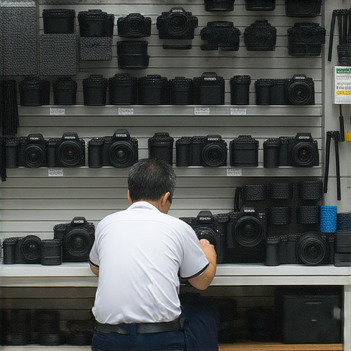 深水埗與旺角最佳相機維修店的專業服務展示，技師專注維修過程，展示高端設備與完善工具，吸引顧客探索維修選擇，提供專業相機維修解決方案。