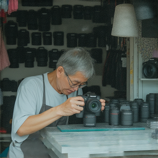 深水埗與旺角的相機維修店展示各種數碼相機維修工具，技師專注於修復故障相機，背景中擺放著不同型號的相機及配件，展現專業維修技術和地方特色。